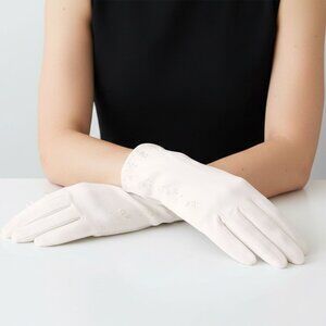 Vintage Paris Cream Fabric Evening Gloves Beaded Trim Detail Wrist Length MCM